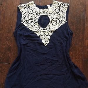 Boutique small top, navy with white lace